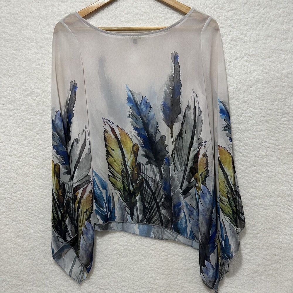 Ariella Women's VTG Multicolor Sheer Feather Print Asymmetrical Blouse top Sz M